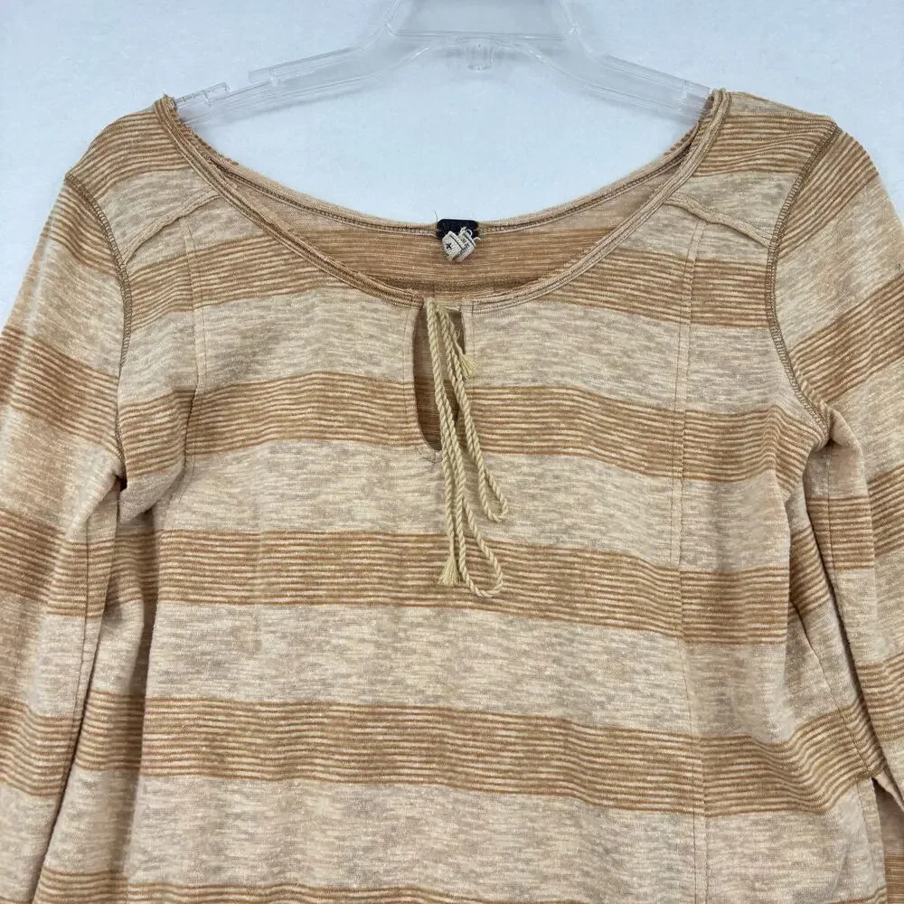 Free‎ People Blouse Size XS Tan Stripe Flare Sleeve Stretch Knit Oversized Boho